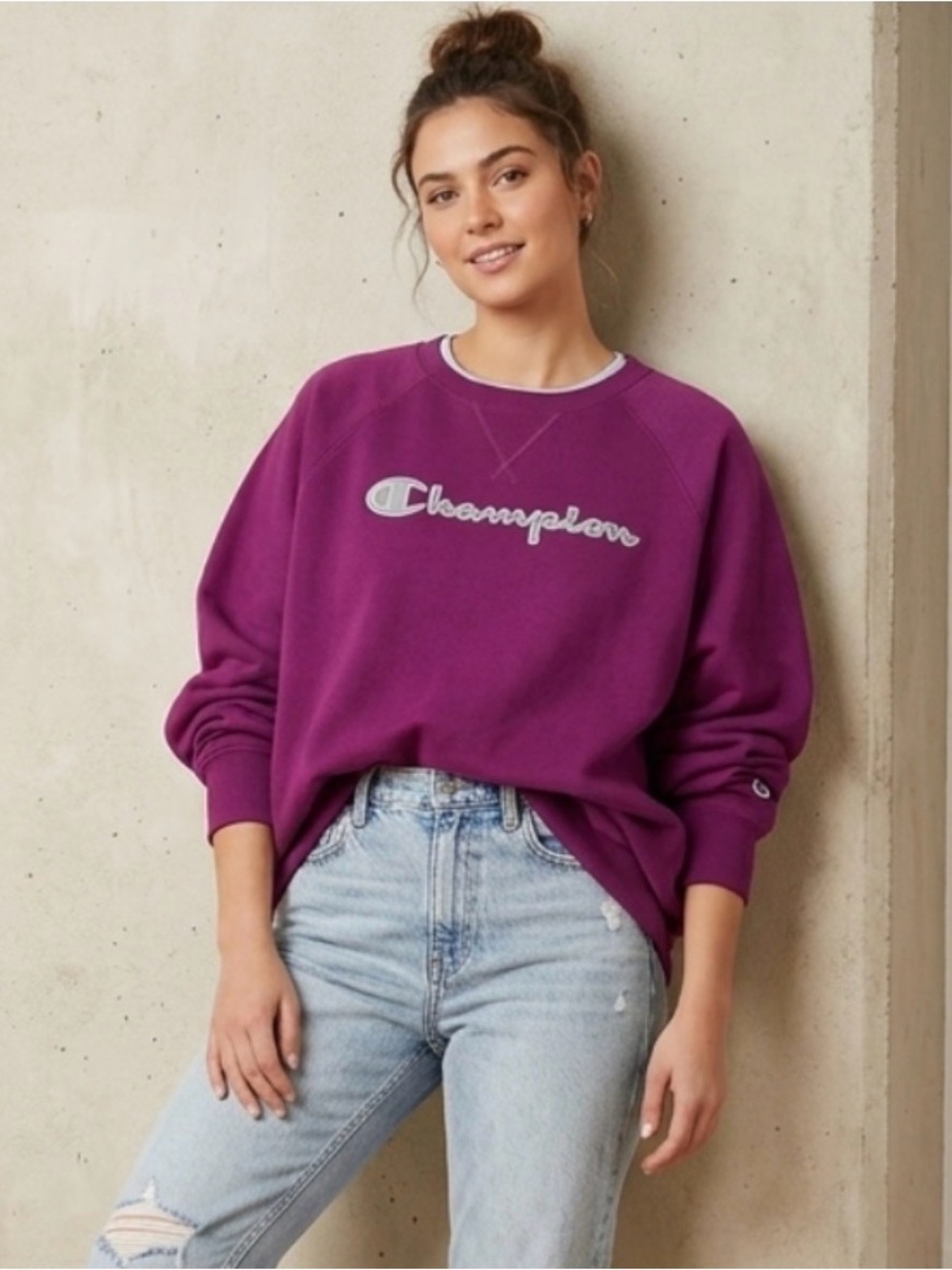 Champion Crewneck Pullover Sweatshirt Medium Dark Purple Sweater Cotton